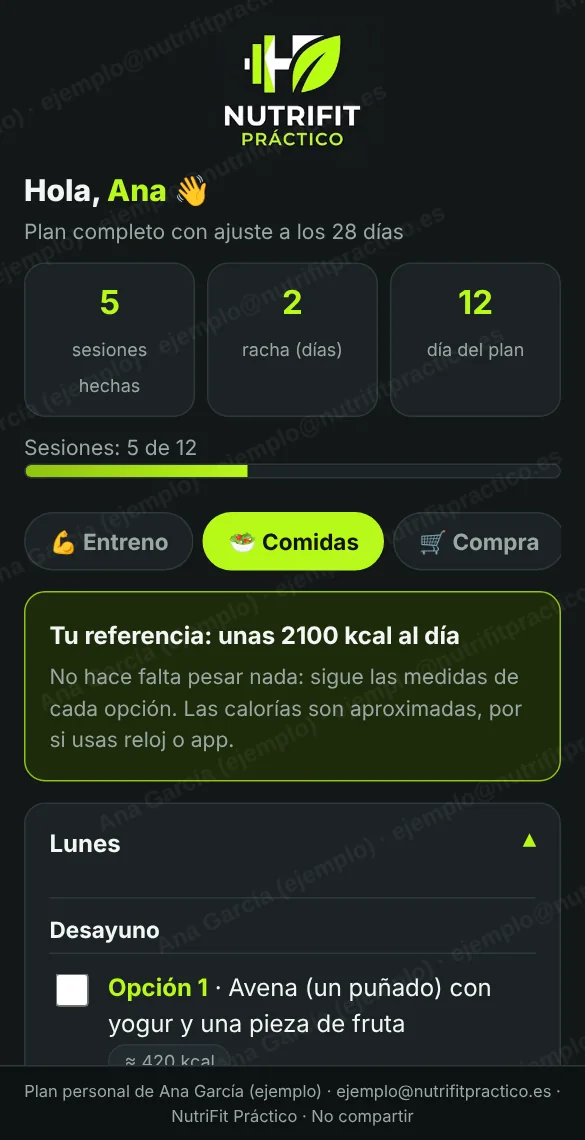Menú del día con opciones de comida (datos de ejemplo)