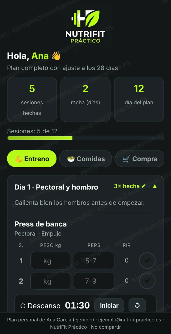Tu app de NutriFit Práctico: sesiones, racha y entreno del día (datos de ejemplo)